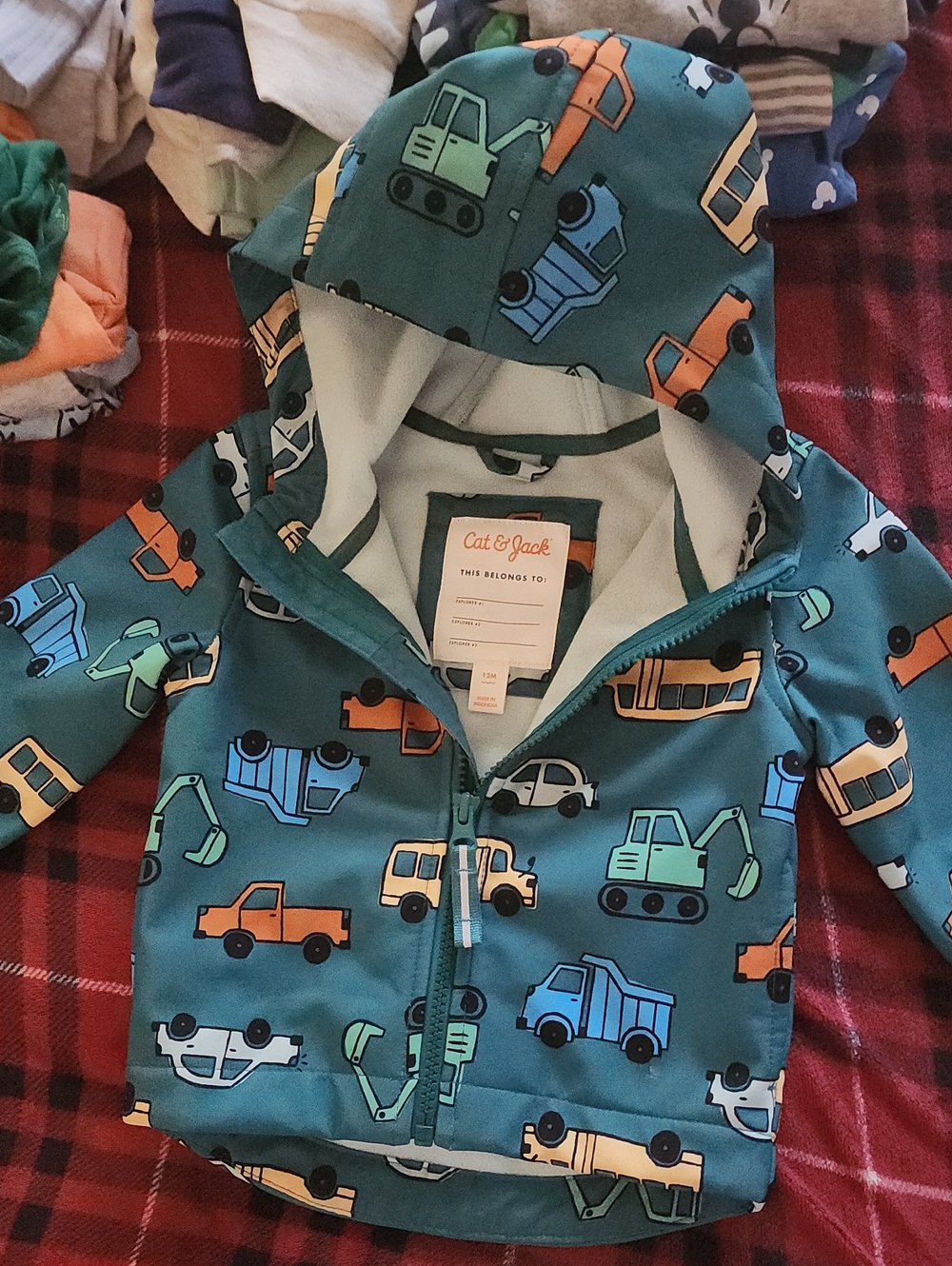 Cat & Jack Teal Hooded Jacket with Orange, Blue and Green Trucks